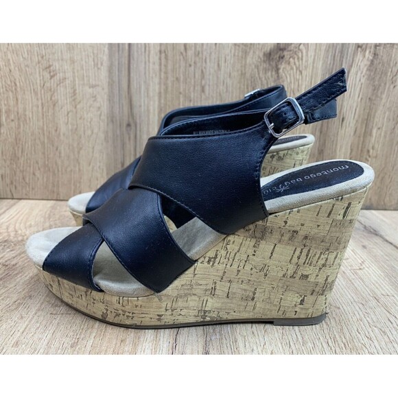 Montego Bay Club Strap back Wedges Women's Size 9 Black Faux Crisscross Open Toe - Picture 3 of 16